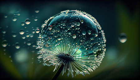 Beautiful shiny dew water drop on dandelion seed in nature macro image. Soft selective focus, sparkling bokeh with Generative AI Technologyの素材
