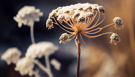 Close up of a dry plant covered with snow, Cow parsnip field flower with Generative AI Technologyの素材