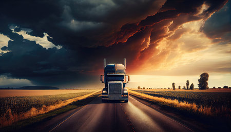 Truck driving on the asphalt road in rural landscape at sunset with dark clouds with Generative AI Technologyの素材