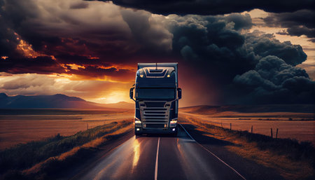 Truck driving on the asphalt road in rural landscape at sunset with dark clouds with Generative AI Technologyの素材