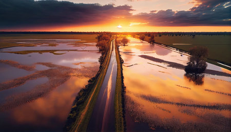 Flooded country road and flooded meadow. Flying above beautiful meadow at sunset landscape with Generative AI Technologyの素材