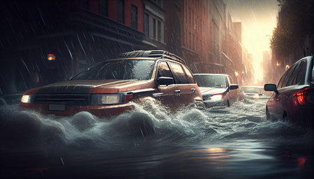 Flooded cars on the street after heavy rain.  Disaster Motor Vehicle Insurance Claim Themed. Severe weather concept with Generative AI Technologyの素材