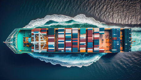 Aerial top view container cargo ship in import export business commercial trade logistic and transportation with Generative AI Technologyの素材