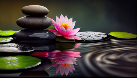 Natural Alternative Therapy With Massage Stones And Waterlily In Water with Generative AI Technologyの素材