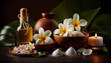 Beautiful spa composition with candles, frangipani flower, oil flasks, bowl with salt and herbal ball with Generative AI Technologyの素材