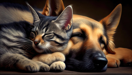 Cat and dog sleeping together. Kitten and puppy taking nap. Home pets. Love and friendship with Generative AI Technologyの素材
