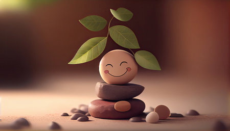 Enjoying Life, Harmony and Positive Mind Concept. Stack of Stable Pebble Stone with Smiling Face Cartoon and Leaf with Generative AI Technologyの素材