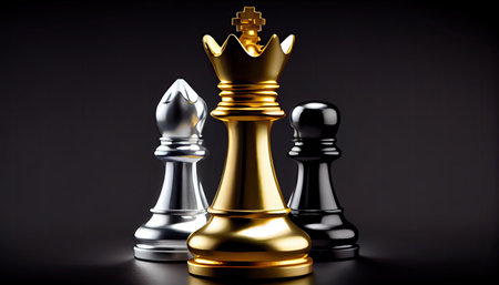 Gold king chess piece face with another silver team on black background with Generative AI Technologyの素材
