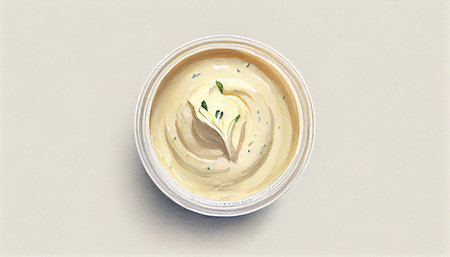 Watercolor Small pot of garlic mayonnaise isolated from above with Generative AI Technologyの素材