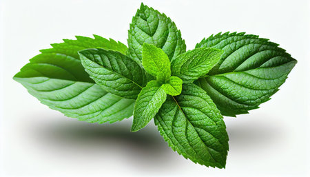 Fresh green mint leaves isolated on white background. Close up of peppermint with Generative AI Technologyの素材