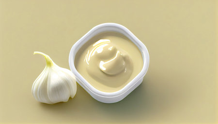 Small pot of garlic mayonnaise isolated detail from above with Generative AI Technologyの素材