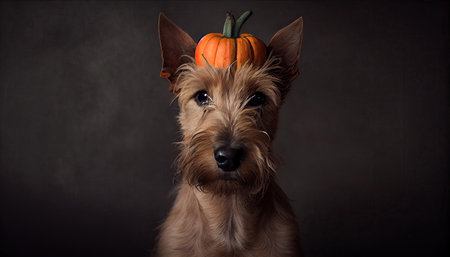 irish terrier dog posing for Halloween with a pumpkin and funny ears headband with Generative AI Technologyの素材