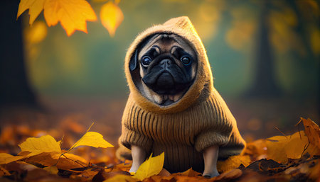Funny pug dog in the autumn park, outdoor with Generative AI Technologyの素材