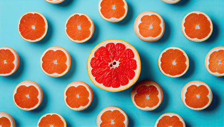 Grapefruit in flat lay pattern. Top view Modern flat lay pattern in pop art style with Generative AI Technologyの素材