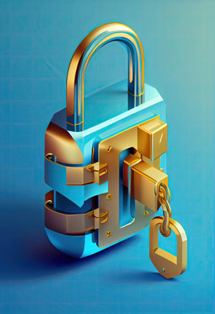 isometric design style of gold shiny locked with key with Generative AI Technologyの素材