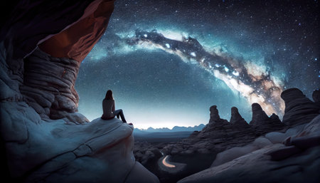Woman sits on stone ledge looking at the night sky stars with milky way background with Generative AI Technologyの素材