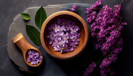 Spa and wellness composition with perfumed lilac flowers in wooden bowl and terry towel,  aromatherapy with Generative AI Technologyの素材