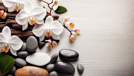 Spa stones and orchid on wooden background with Generative AI Technologyの素材