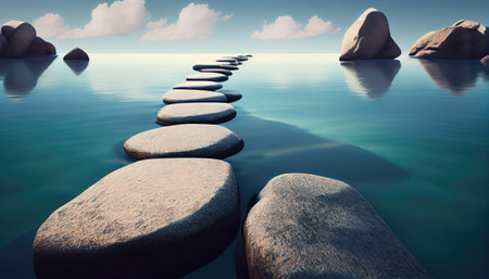 Row of stones in calm water in the wide ocean - concept of meditation with Generative AI Technologyの素材