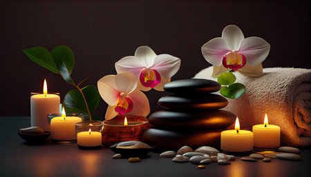 Spa, beauty treatment and wellness with massage stone, orchid flowers, towels and burning candles with Generative AI Technologyの素材