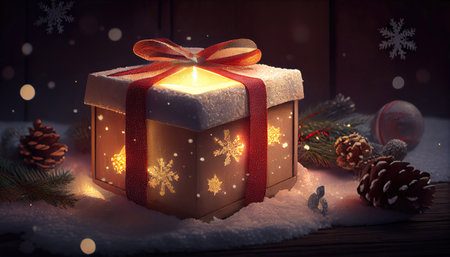 Christmas gift box with burning candle, lights and decorations at snow with wooden background with Generative AI Technologyの素材