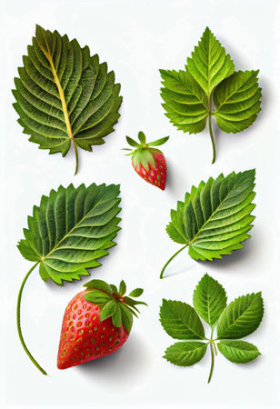 Set of strawberry leaf isolated on white background with Generative AI Technologyの素材
