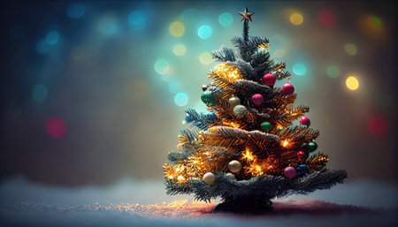 Decorated Christmas tree on blurred, sparkling and fairy background with Generative AI Technologyの素材