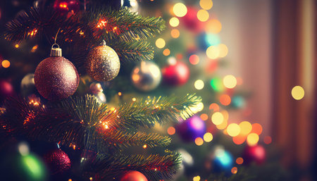 Decorated Christmas tree on blurred, sparkling and fairy background with Generative AI Technologyの素材