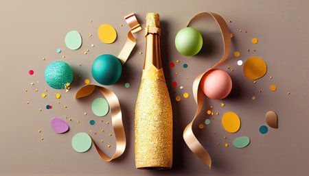 Celebration background with golden champagne bottle and confetti stars with Generative AI Technologyの素材