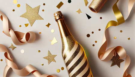 Golden champagne bottle with confetti stars and party decorations,  Christmas, birthday or New Year with Generative AI Technologyの素材