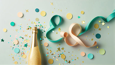 Celebration background with golden champagne bottle and confetti stars with Generative AI Technologyの素材