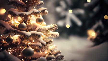 Christmas tree background with snow, blurred, sparking, glowing. Happy New Year and Xmas theme with Generative AI Technologyの素材