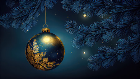 Christmas Tree In Ball Hanging Fir Branch With Golden Glittering with Generative AI Technologyの素材