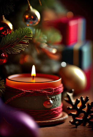Candle with incense aroma in the foreground. Christmas tree and background with Generative AI Technologyの素材