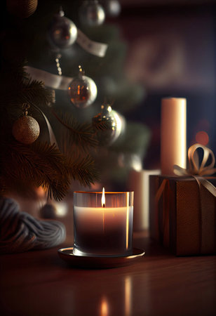 Candle with incense aroma in the foreground. Christmas tree and background with Generative AI Technologyの素材