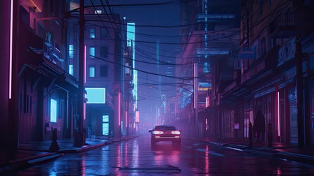 Beautiful neon evening in a cyberpunk city with Generative AI Technologyの素材