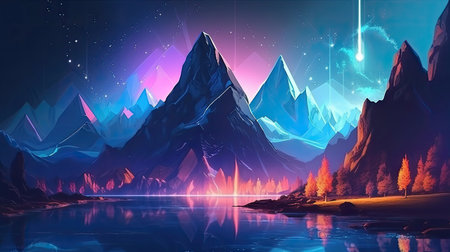 beautiful sci-fi mountain and river landscape with neon light with Generative AI Technologyの素材