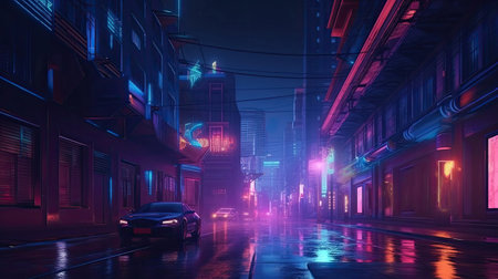Beautiful neon evening in a cyberpunk city with Generative AI Technologyの素材