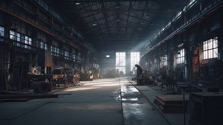 Interior of metalworking factory workshop hangar with Generative AI Technologyの素材