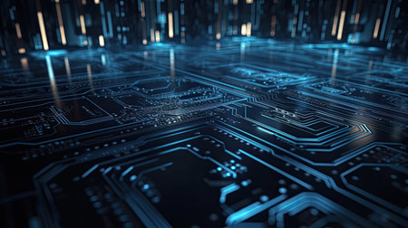 Technology Background With Light Moving Server Circuit Board with Generative AI Technologyの素材