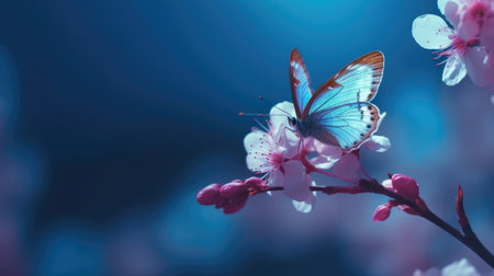 Beautiful branch of flowering apricot tree with close up butterfly with Generative AI Technologyの素材