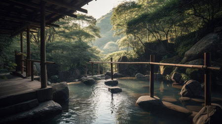 Open air hot spring onsen with waterfall and green nature with Generative AI Technologyの素材