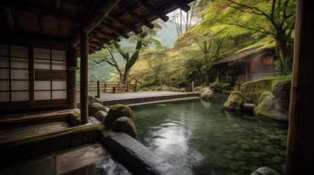 Open air hot spring onsen with waterfall and green nature with Generative AI Technologyの素材