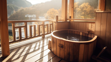 Japanese private hot spring wooden bathtub on balcony with Generative AI Technologyの素材