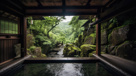 Open air hot spring onsen with waterfall and green nature with Generative AI Technologyの素材