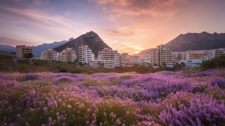 Flowers on wild lavender bush in the foreground on sunset landscape with Generative AI Technologyの素材