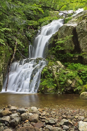 Long exposure of Wedge Brook falls more than 50' into a clar, rocky pool at Upper Wedge Brook Falls above the Ausable River in the Adirondack State Park in New Yorkの写真素材