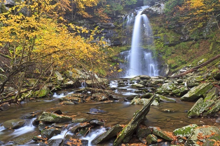 A long exposure of Plattekill Falls from the rocks below in the Catskills Mountains of New Yorkの写真素材