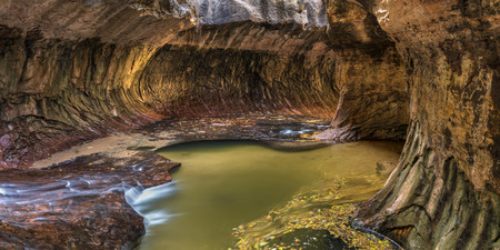 Panoramic view of the unique Subway cavern carved by the Left Fork of North Creek in Zion National Park, Utah.の写真素材