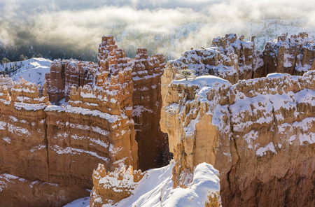 The Wall Street formation of hoodoos covered in snow and silhouetted against the fog taken from Sunset Point in Bryce Canyon National Park, Utahの写真素材
